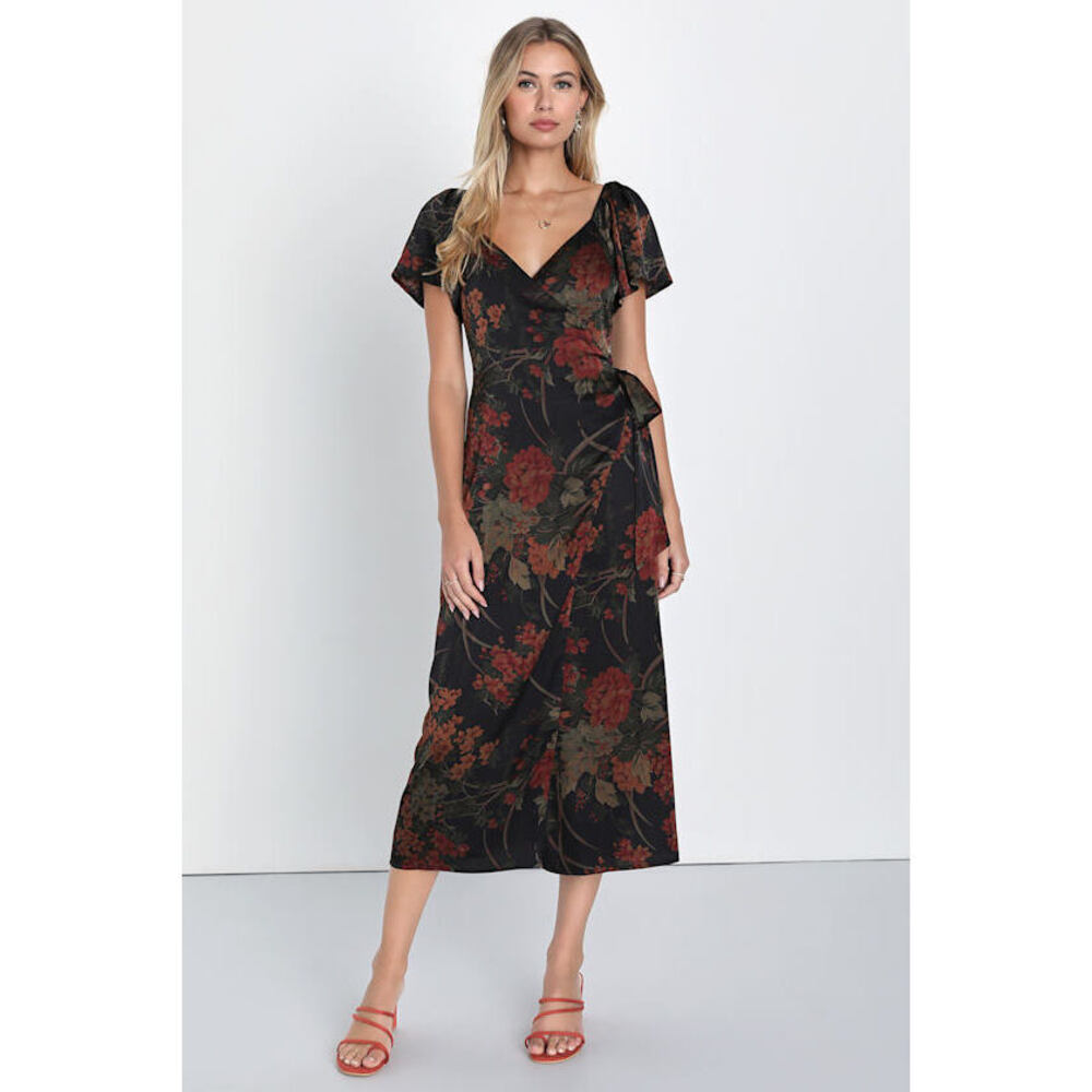 Lulus Subtle Elegance Black Floral Print Faux Wrap Midi Dress - Size L